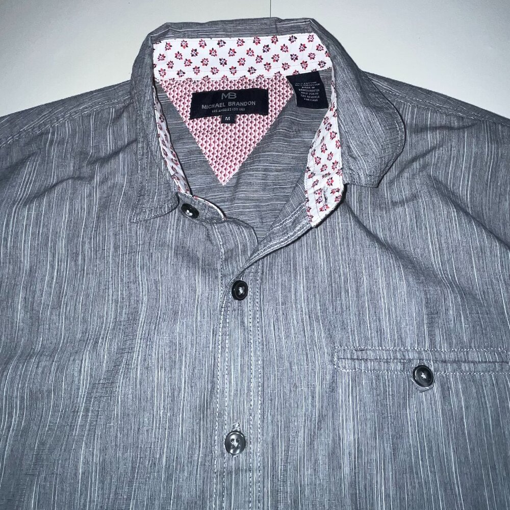 Michael Brandon Medium M Mens Gray Striped Long Sleeve Button Down Shirt